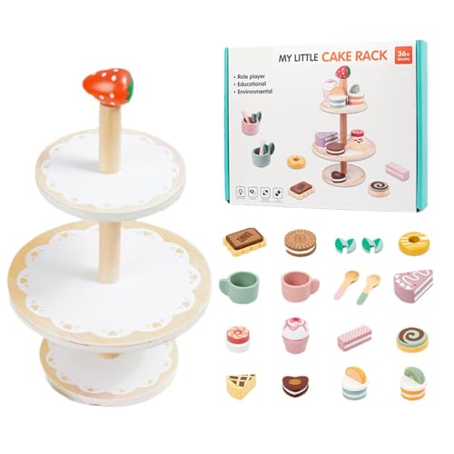 Generisch Kuchenspielzeug aus Holz, Kuchenspielzeug aus Holz für Kinder | Dreischichtiges Teeparty-Set für kleine Mädchen,19-teiliges Dessert-Kuchen-Spiel-Essen-Set, Spielzeug aus Holz, Zubehör-Sets, von Generisch