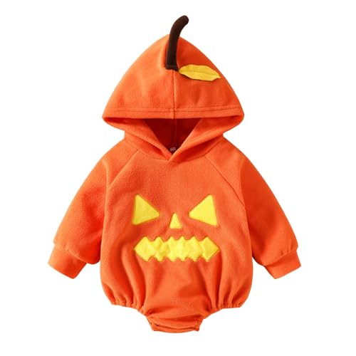 Generisch Kürbis Kostüm für Kinder und Babys, Halloween Kostüm Baby, Jungen Mädchen Halloween Langärm Baumwolle Kürbis Onesie Strampler mit Kapuze, Unisex Kleinkind Halloweenkostüm Faschingskostüm von Generisch
