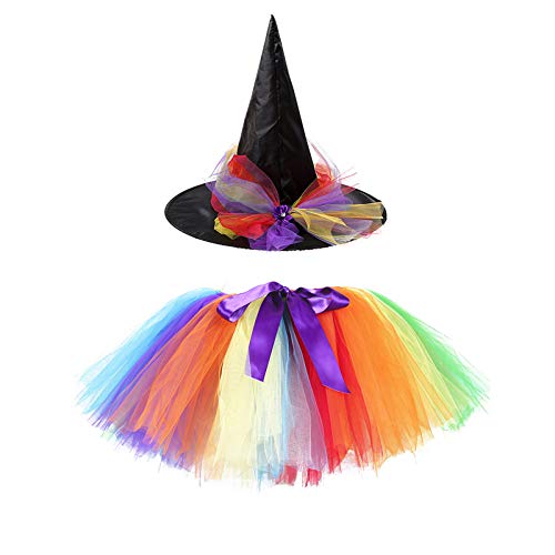 Generisch Mädchen Hexenkostüm 2-teilig – Halloween Tutu Rock Set mit Hut für Kinder | Karneval, Tanz, Mottoparty, Verkleidungsspiel (Mehrfarbig) von Generisch