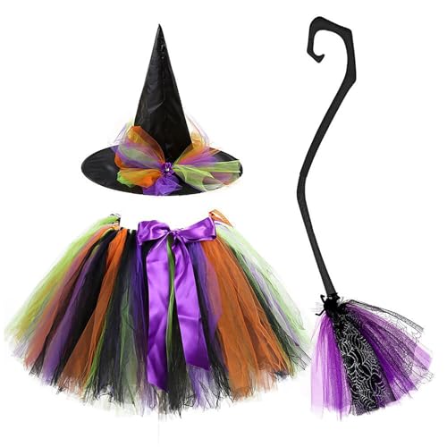 Generisch Mädchen Hexenkostüm 3-teilig – Halloween Tutu Rock Set mit Hut & Besen für Kinder (2-8 Jahre) | Karneval, Tanz, Mottoparty, Verkleidungsspiel (Dunkelviolett, S) von Generisch