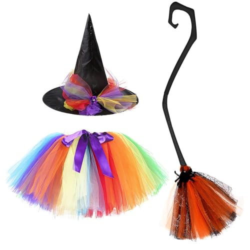 Generisch Mädchen Hexenkostüm 3-teilig – Halloween Tutu Rock Set mit Hut & Besen für Kinder (2-8 Jahre) | Karneval, Tanz, Mottoparty, Verkleidungsspiel (Mehrfarbig, M) von Generisch