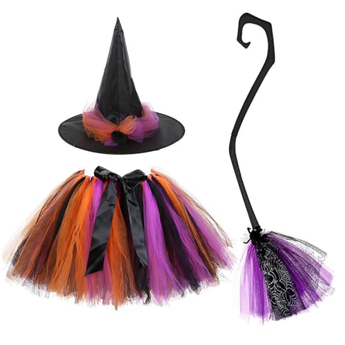 Generisch Mädchen Hexenkostüm 3-teilig – Halloween Tutu Rock Set mit Hut & Besen für Kinder (2-8 Jahre) | Karneval, Tanz, Mottoparty, Verkleidungsspiel (Orange, S) von Generisch
