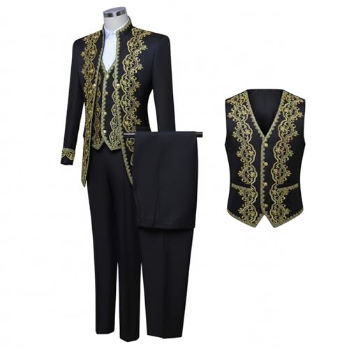 Generisch Men’s Victorian Costume 3-Piece Outfit – White Prince Court Suit with Gold Embroidery, Renaissance Frock Coat, Medieval Cosplay & Fancy Dress Set (Black, XXL) von Generisch