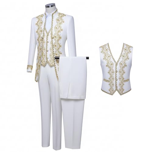 Generisch Men’s Victorian Costume 3-Piece Outfit – White Prince Court Suit with Gold Embroidery, Renaissance Frock Coat, Medieval Cosplay & Fancy Dress Set (White, L) von Generisch