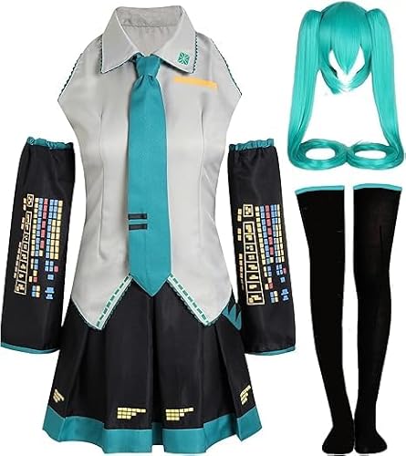 Generisch Miku Damen Anime Cosplay Kostüm JK Sailor Dress Hatsune High School Uniform Halloween Outfit Full Set mit Rock & Socken für Comic Con (grau+Perücke, S) von Generisch