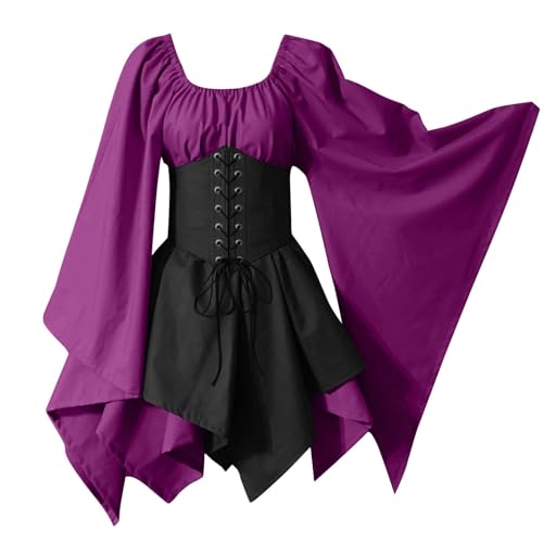 Generisch Mittelalter Kleid Halloween Kostüm Damen Hexe Lang Plus Size Hexenkleid Cosplay Dress Elegant Gothikkleider Oberteil Mittelalter Halloweenkostüm Goth Kleidung 2#lila XL von Generisch