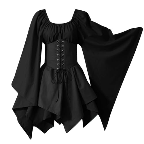 Generisch Mittelalter Kleid Hexenkostüm Damen Gothikkleider Übergröße Dress Halloweenkostüm Hexenkleid Mittelalter Lang Oberteil Curvy Frauen Goth Kleidung 2#schwarz XXL von Generisch