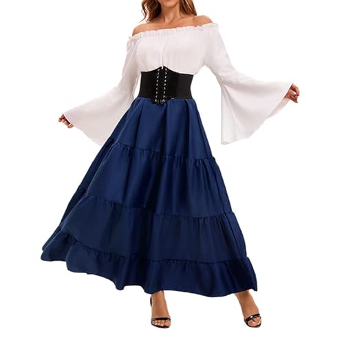 Generisch Mittelalter Kleid Hexenkostüm Damen Lang Adult Hexenkleid Renaissance Oberteil Curvy Gothikkleider Dress Cosplay Halloweenkostüm Übergröße Kleidung 2#blau XXL von Generisch
