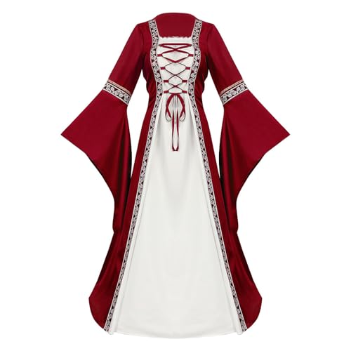 Generisch Mittelalter Kleidung Damen Renaissance Vintage Viktorianisches Dress Trompetenärmel Partykleid Kostüme Frauen Halloween Fasching Vintage Maxikleid Costume Cosplay/Oktoberfestkleid von Generisch