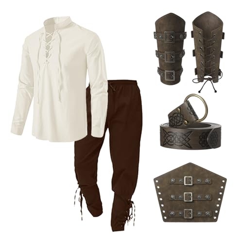 Generisch Mittelalter Kleidung Wikinger Kostüm Herren Set Herren Renaissance Kostüm Set mit Leinenhemd Herren Mittelalterliches Piratenhemd Mittelalter Hose mit Knöchelriemen von Generisch