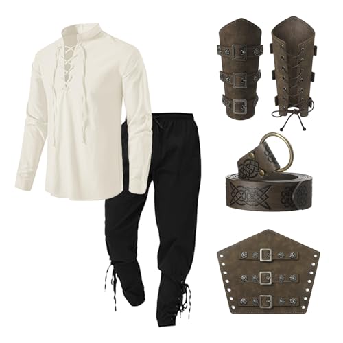 Generisch Mittelalter Kleidung Wikinger Kostüm Herren Set Herren Renaissance Kostüm Set mit Leinenhemd Herren Mittelalterliches Piratenhemd Mittelalter Hose mit Knöchelriemen von Generisch