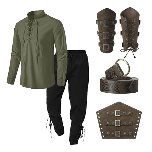 Generisch Mittelalter Kleidung Wikinger Kostüm Herren Set Herren Renaissance Kostüm Set mit Leinenhemd Herren Mittelalterliches Piratenhemd Mittelalter Hose mit Knöchelriemen von Generisch