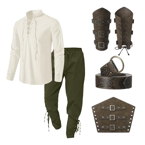 Generisch Mittelalter Kleidung Wikinger Kostüm Herren Set Herren Renaissance Kostüm Set mit Leinenhemd Herren Mittelalterliches Piratenhemd Mittelalter Hose mit Knöchelriemen von Generisch