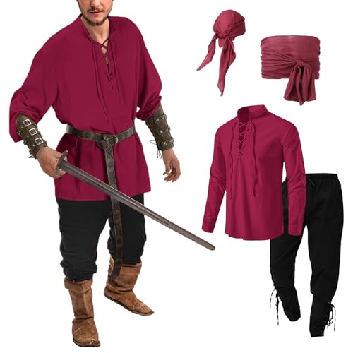 Generisch Mittelalter Kostüm Herren, Mittelalter Kleidung Herren Ritterkostüm Samurai Renaissance Wikinger Kostüm Faschings Joint Mit Piratenhemd Piratenkostüm, Wein, M von Generisch