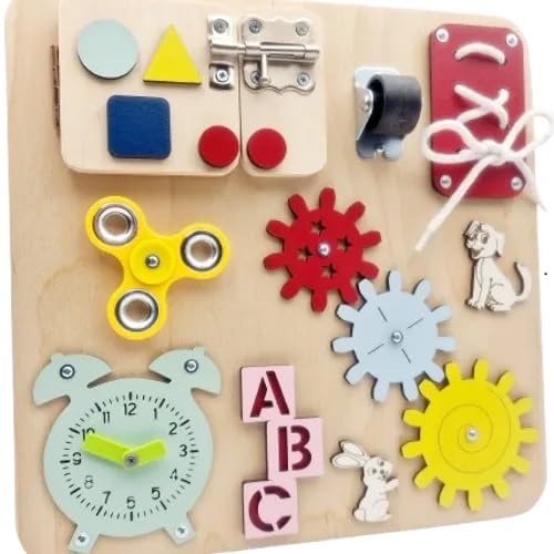 Generisch Montessori Sensoriktafel Holz 30x30 cm – Busy Board Lernspielzeug für Kinder – Zahnräder, Uhr, Zootiere, Verriegeln, Spinner – Made in EU (Uhr und Verriegeln) von Generisch
