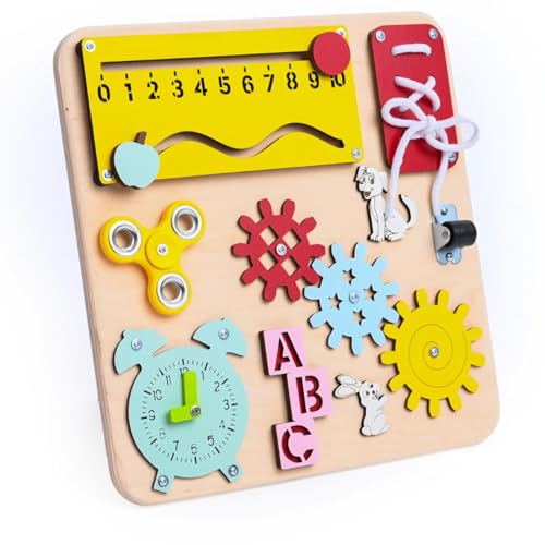 Generisch Montessori Sensoriktafel Mini 30x30 cm – Lernspielzeug aus Holz für Kinder – Busy Board mit Zahnrädern, Zählrahmen, Schuh, Uhr – Made in EU (Uhr und Abakus) von Generisch