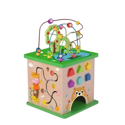 Generisch Motorikwürfel Aktivitätszentrum für Kleinkinder Holz mit Waldtieren - Beige-Grün, 5-in-1 Lernspielzeug mit Labyrinth, Formen, Zahnrädern, Perlen multifunktional von Generisch