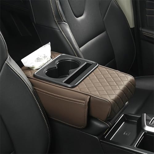 Generisch Multifunctional Car Armrest Cushion, Integrated Pressurized Multifunctional Car Armrest Heightening Pad, with 2 Cup Holder, Phone Storage Slot, Tissue Box (Brown) von Generisch