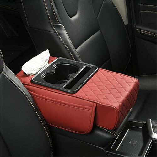 Generisch Multifunctional Car Armrest Cushion, Integrated Pressurized Multifunctional Car Armrest Heightening Pad, with 2 Cup Holder, Phone Storage Slot, Tissue Box (Wine Red) von Generisch