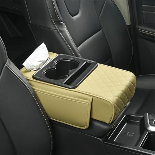 Generisch Multifunctional Car Armrest Cushion, Integrated Pressurized Multifunctional Car Armrest Heightening Pad, with 2 Cup Holder, Phone Storage Slot, Tissue Box (Yellow) von Generisch