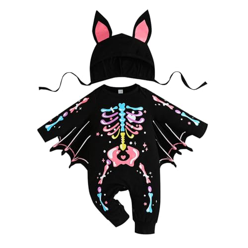 Generisch My First Halloweens Outfit Halloween Strampler Neugeborene Fledermaus Kostüm Kinder Reflektierende Overalls Lustiges Fledermaus Kapuzen Outfit Set mit Ohrenmütze von Generisch