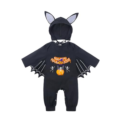 Generisch My First Halloweens Outfit Halloween Strampler Neugeborene Fledermaus Kostüm Kinder Reflektierende Overalls Lustiges Fledermaus Kapuzen Outfit Set mit Ohrenmütze von Generisch