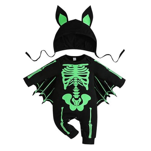 Generisch My First Halloweens Outfit Halloween Strampler Neugeborene Fledermaus Kostüm Kinder Reflektierende Overalls Lustiges Fledermaus Kapuzen Outfit Set mit Ohrenmütze von Generisch
