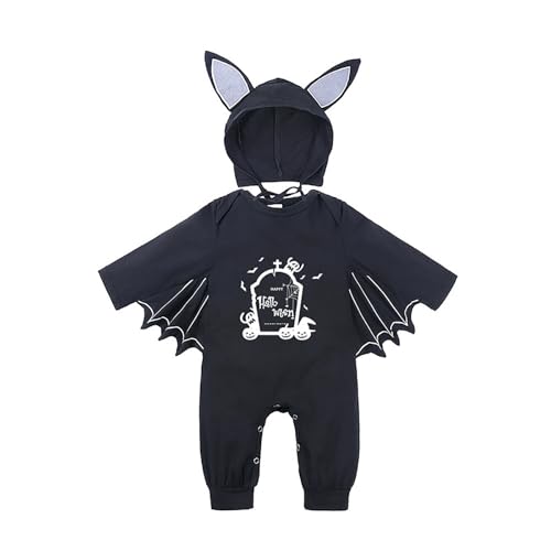 Generisch My First Halloweens Outfit Halloween Strampler Neugeborene Fledermaus Kostüm Kinder Reflektierende Overalls Lustiges Fledermaus Kapuzen Outfit Set mit Ohrenmütze von Generisch
