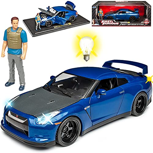 Generisch Nisan Skyline GT-R R35 Coupe Blau mit Beleuchtung Fast Furious mit Figur Brian O´Connor Paul Walker 1/18 Jada Modell Auto von Generisch