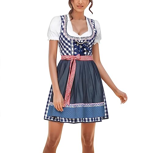 Generisch Oktoberfest Costume Women German, Outfits Dirndl Dress, Carnival Halloween Bar Waitress Cosplay Beer Girls Fancy Dress Plaid Costume, kost üm kleid damen (Blue, XL) von Generisch