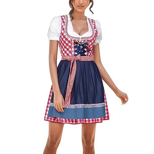 Generisch Oktoberfest Costume Women German, Outfits Dirndl Dress, Carnival Halloween Bar Waitress Cosplay Beer Girls Fancy Dress Plaid Costume, kost üm kleid damen (Red, XXL) von Generisch