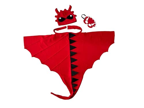 Generisch Paw&Play 3-teilig Drachen Dinosaurier Kostüm Kinder 110-128 One-Size Unisex aus Fleece mit Umhang Hut Maske Hallowen Karvenal (rot) von Generisch