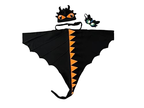 Generisch Paw&Play 3-teilig Drachen Dinosaurier Kostüm Kinder 110-128 One-Size Unisex aus Fleece mit Umhang Hut Maske Hallowen Karvenal (schwarz) von Generisch
