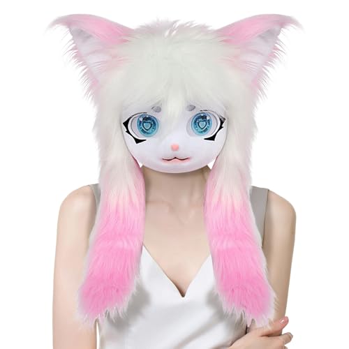 Generisch Pelzige Cosplay-Köpfe | Katzenkopf-Maske mit großen Augen und langem Fell,Realistische Plüschkostüm Requisiten Für Frauen, Männer, Anime Convention, Theateraufführung, Halloween Party von Generisch