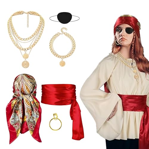 Generisch Piratenkostüm Damen Set, Piraten Kostüm Frauen Karneval Kostüm Damen Zubehör, Piraten Kopftuch, Schärpe, Augenklappe, Halskette für Fasching Generisch Piratenkostüm Damen Set, Piraten Kostüm Frauen Karneval Kostüm Damen Zubehör, Piraten Kopftuch, Schärpe, Augenklappe, Halskette für Fasching von Generisch