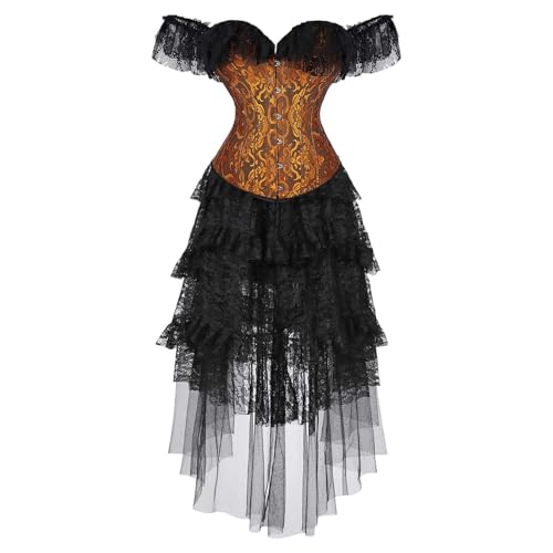 Generisch Piratenkostüm Damen Viktorianisches Mittelalter Kleid Gothic Kleidung Steampunk Vampir Renaissance Maxikleid Gold S von Generisch