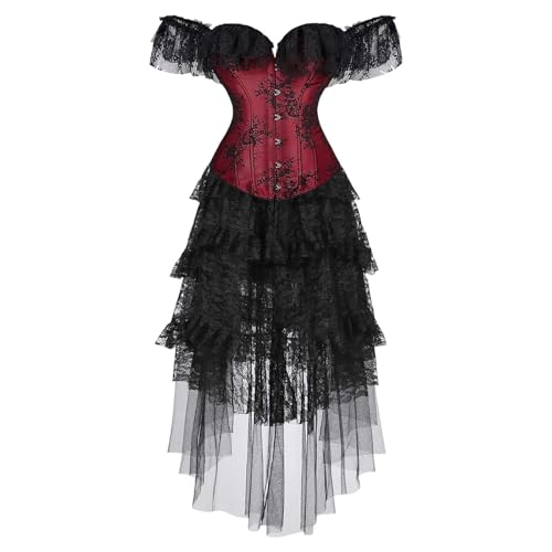 Generisch Piratenkostüm Damen Viktorianisches Mittelalter Kleid Gothic Kleidung Steampunk Vampir Renaissance Maxikleid Rot 4XL von Generisch