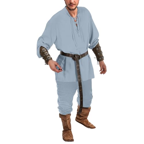 Generisch Piratenkostüm Herren, Mittelalter Kleidung Herren Renaissance Samurai Joint Piratenkostüm Mit Piratenhemd Wikinger Kostüm Faschings Ritterkostüm, Blau, M von Generisch