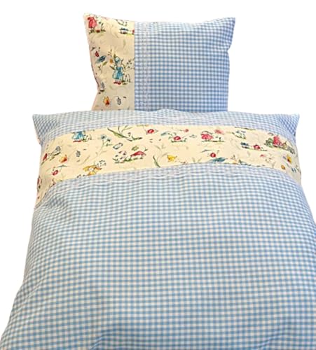 Generisch Puppenbettwäsche Wiesenkinder, Puppenbettzeug hellblau im Landhausdesign, Garnitur für Puppenbett, Puppenwagen, 2 teilig, 100% Baumwolle, Öko Tex von Generisch