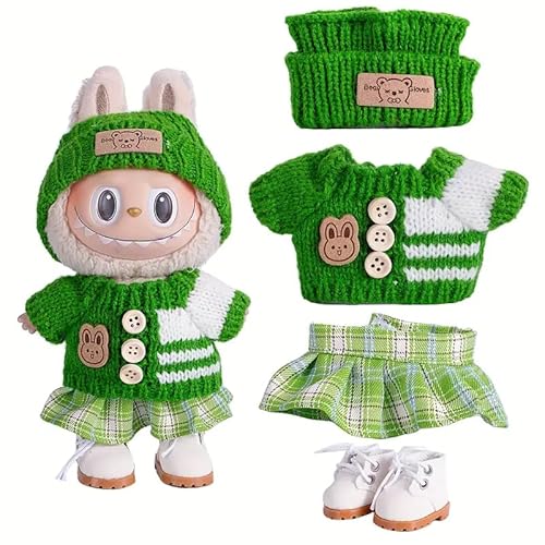 Generisch Puppenkleider-Set für 17cm Labubu Puppen, 3-teilig mit Fischerhut, Pullover und Hose oder Rock, (Style 1 Three Piece Set) von Generisch