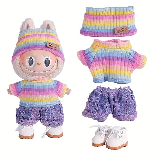 Generisch Puppenkleider-Set für 17cm Labubu Puppen, 3-teilig mit Fischerhut, Pullover und Hose oder Rock, (Style 2 Three Piece Set) von Generisch