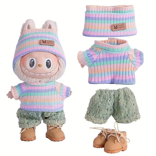 Generisch Puppenkleider-Set für 17cm Labubu Puppen, 3-teilig mit Fischerhut, Pullover und Hose oder Rock, (Style 3 Three Piece Set) von Generisch
