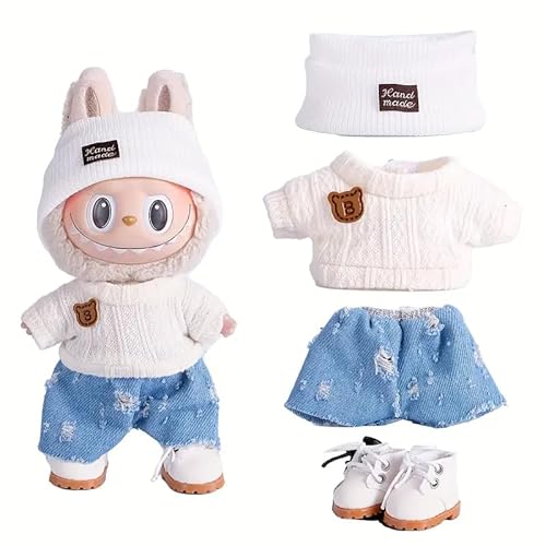 Generisch Puppenkleider-Set für 17cm Labubu Puppen, 3-teilig mit Fischerhut, Pullover und Hose oder Rock, (Style 4 Three Piece Set) von Generisch