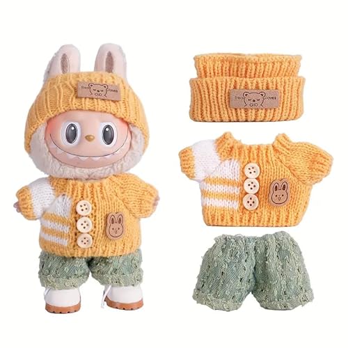 Generisch Puppenkleider-Set für 17cm Labubu Puppen, 3-teilig mit Fischerhut, Pullover und Hose oder Rock, (Style 5 Three Piece Set) von Generisch