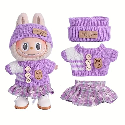 Generisch Puppenkleider-Set für 17cm Labubu Puppen, 3-teilig mit Fischerhut, Pullover und Hose oder Rock, (Style 6 Three Piece Set) von Generisch