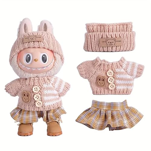 Generisch Puppenkleider-Set für 17cm Labubu Puppen, 3-teilig mit Fischerhut, Pullover und Hose oder Rock, (Style 7 Three Piece Set) von Generisch