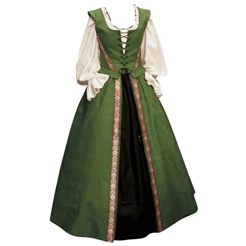 Generisch Renaissance Kleid Damen Viktorianisches Retro Lang Kleidung Kostüm Vintage Maxikleid Karneval Party Halloween Grün L von Generisch