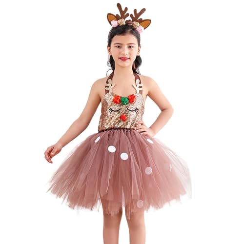 Generisch Rentier-Kostümkleid für Mädchen,Glitzer-Tanzrock-Kleid-Ballett-Outfit für Mädchen - Feiertags-Rollenspiel-Maskerade-Party-Requisiten, ausgefallenes Cosplay-Outfit-Zubehör von Generisch