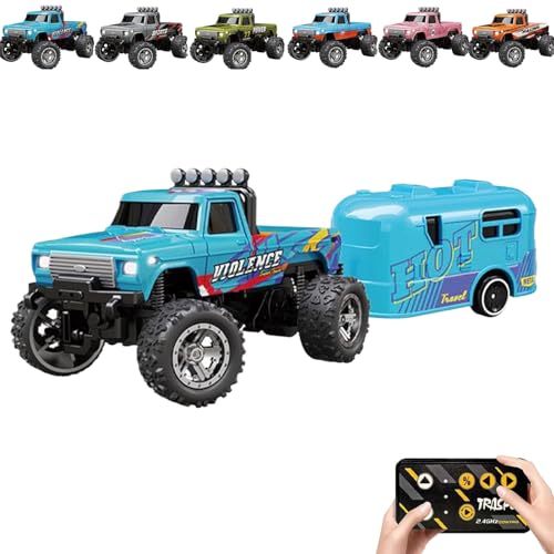 Generisch RipRush Mini Monster 1:64 Off-Road LED Alloy Racer, 2.4GHz Off-Road Remote Control Car, Rechargeable Alloy Shell Mini RC Cars with Lights and Trailer (Blue-a,with Trailer) von Generisch