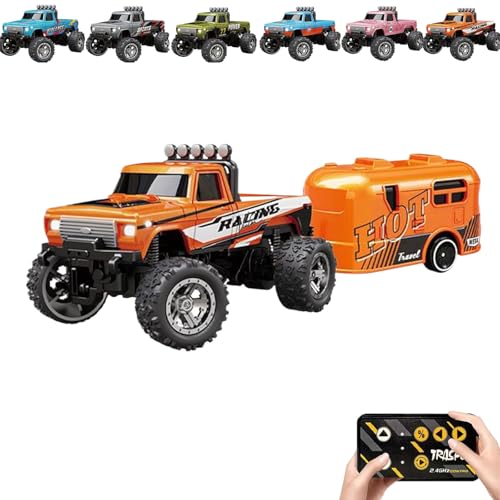 Generisch RipRush Mini Monster 1:64 Off-Road LED Alloy Racer, 2.4GHz Off-Road Remote Control Car, Rechargeable Alloy Shell Mini RC Cars with Lights and Trailer (Orange,with Trailer) von Generisch